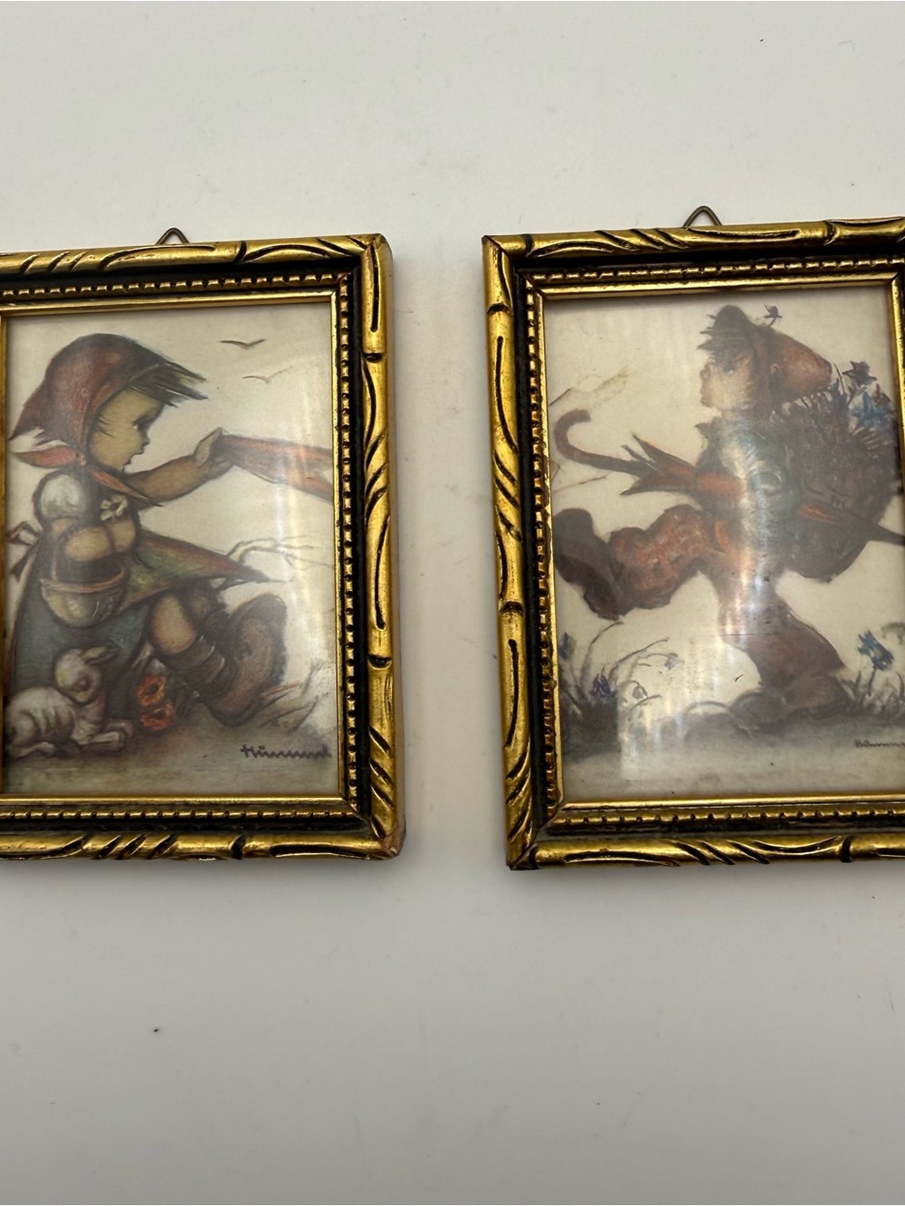 2 Vintage Miniature Hummel Framed Prints Boy And girl Made in Germany